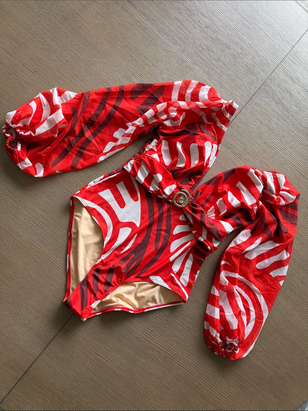 Red and White Printed One-Piece Swimsuit with Matching Pants